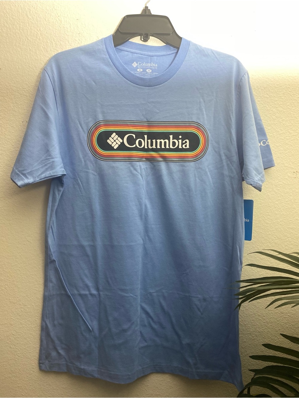 Columbia Light Blue Short-Sleeve Logo Tee with Retro Multicolor Emblem